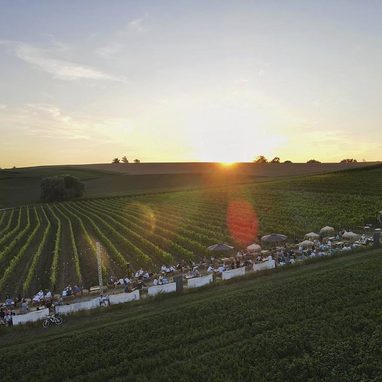Sommerabend im Weingarten mit Lichterketten und Publikum