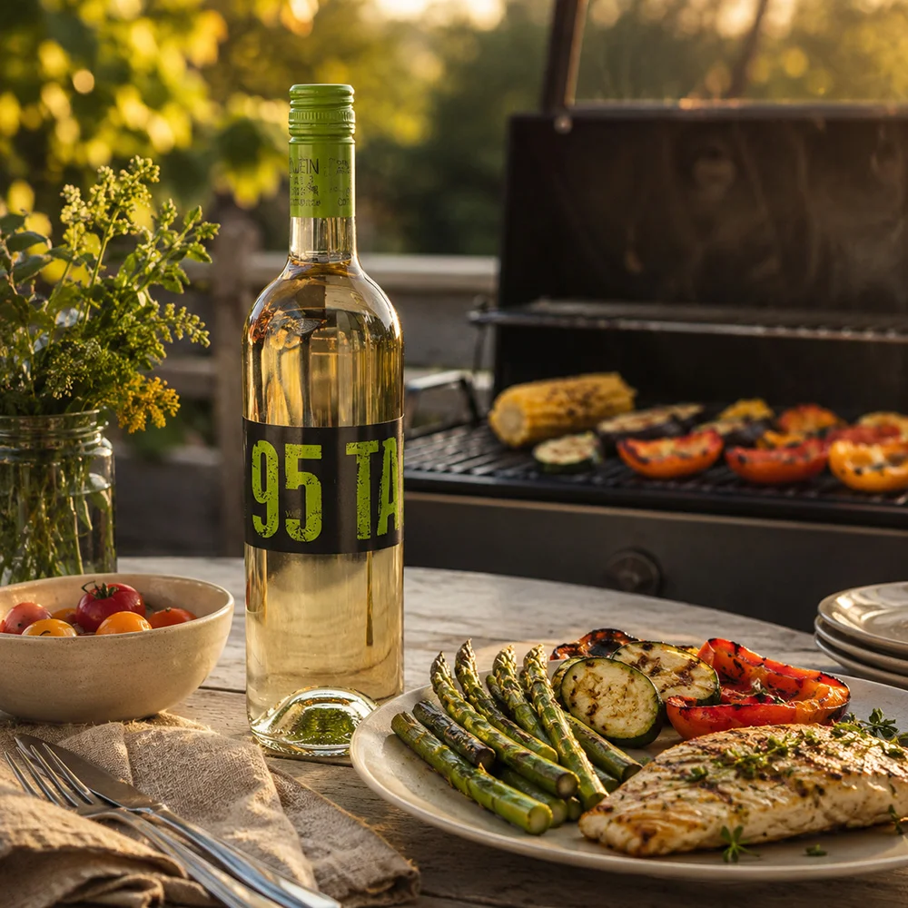 Flasche gekühler Weisswein zum Grillen
