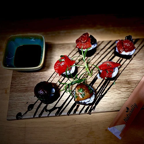 Bauern-Sushi und Fischer-Sushi in der Buschenschank von Weinbau Eschlböck in Hörsching