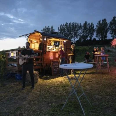 Beleuchteter Baranhänger im Weingarten beim LIVE im Weingarten von Weinbau Eschlböck